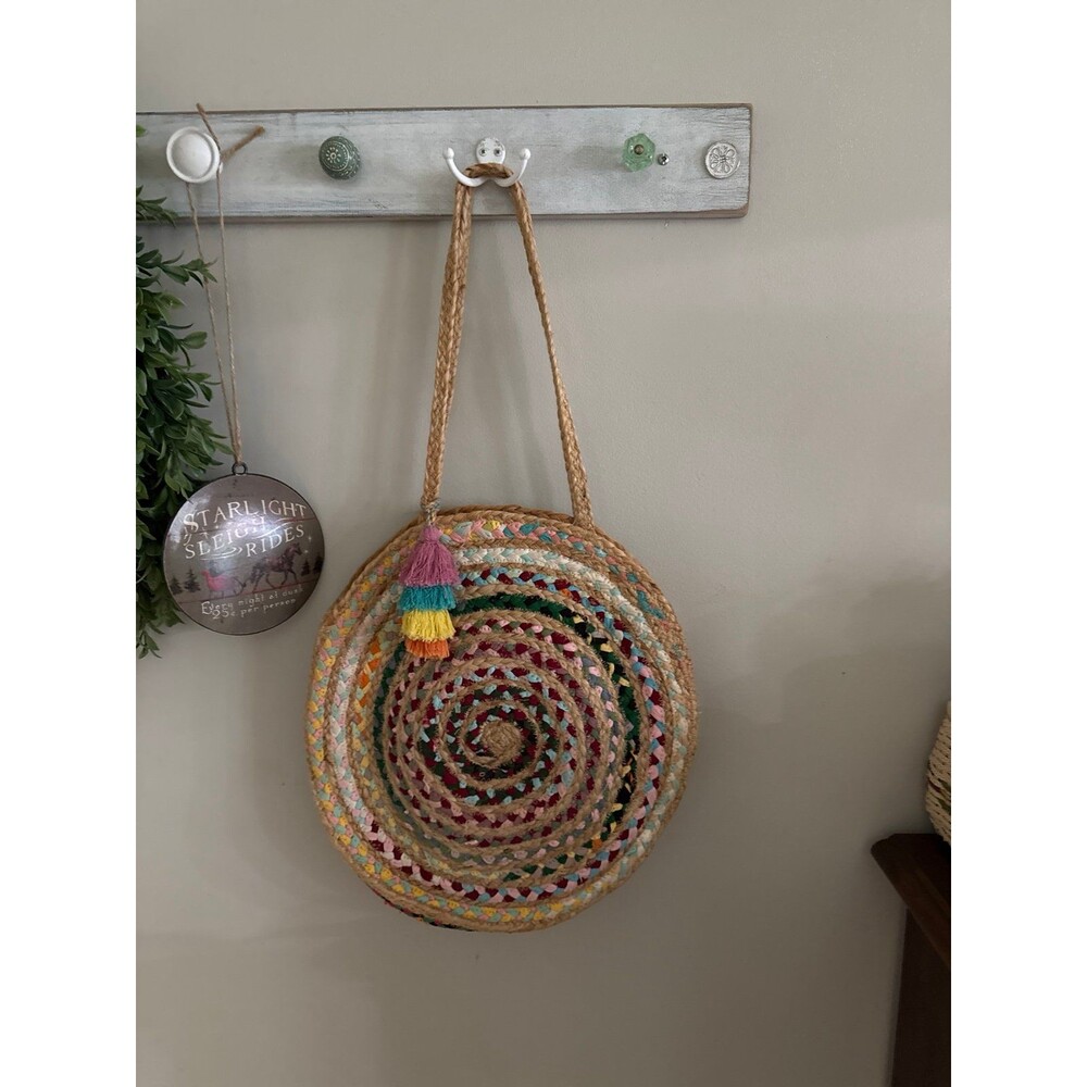 Shiraleah Hand Woven Large Round Shoulder Bag Purse Jute and Chindi Weave Blend